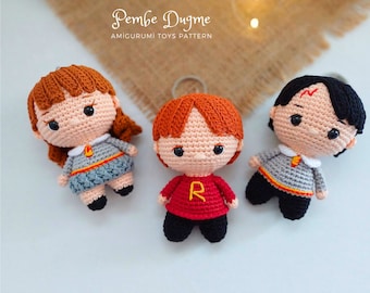 Patroon gehaakte sleutelhanger tovenaar en heks: amigurumi-setbundel 3 in 1 (pdf)