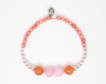 Silver bracelet (925) with pearls made of Malaysian jade, pink jade and orange-red jade, filigree, timeless jewelry from herzensperle