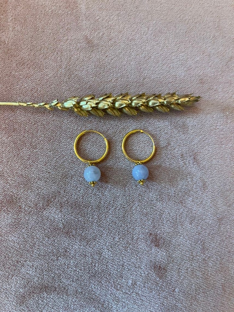 Earrings hoop earrings made of gold-plated sterling silver with gemstone pendant made of blue aquamarine image 2