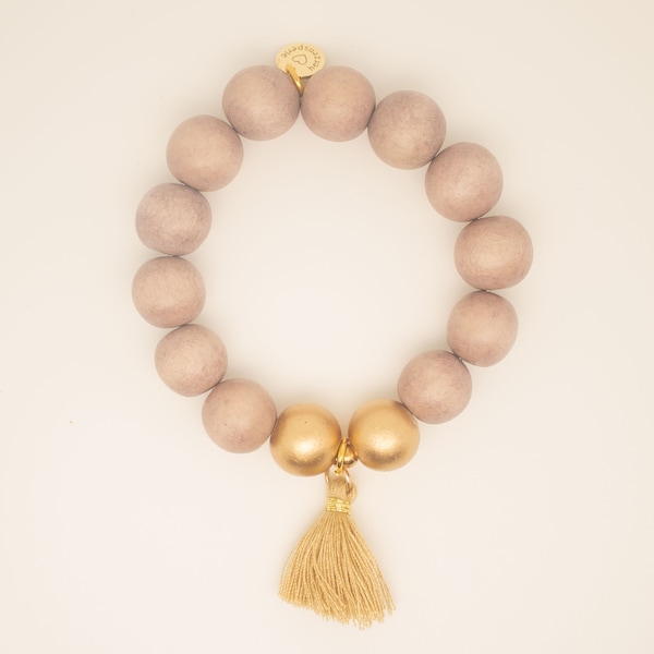 Mala Holzperlen Armband taupe mit Holzperlen und Quaste mit Sterlingsilberperle, elastisch