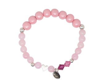 Bracelet with rose quartz beads, sterling silver beads, Swarovski Elements, heart bead and pink wooden beads