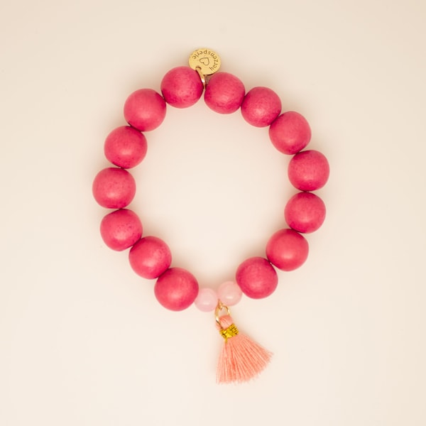 Single Mala Holzperlen Armband mit rosa Jadeperlen, vergoldeter Sterlingsilberperle und Quaste, Boho, Statement Schmuck von herzensperle