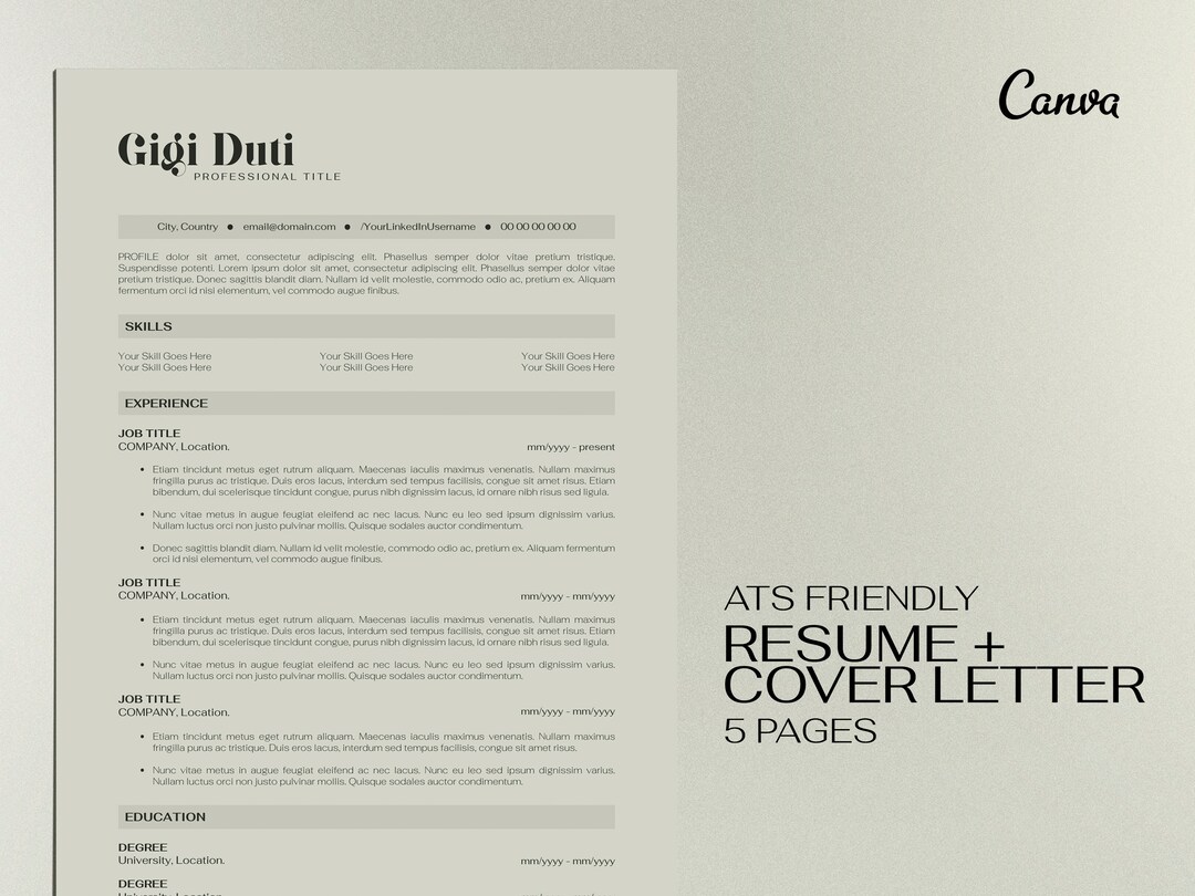 ATS Friendly Resume Template Canva, ATS Compatible Resume, Professional