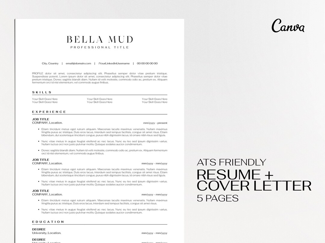 ATS Friendly Resume Template Canva, ATS Compatible Resume, Professional