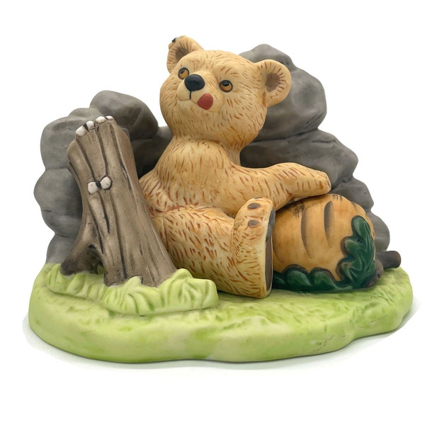 Vintage Woodland Surprises Bear Figurine. Signed Jacqueline B. Smith. Franklin Porcelain 1984