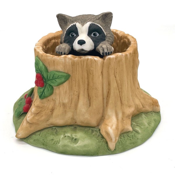 Vintage Woodland Surprises Raccoon Figurine. Signed Jacqueline B. Smith. Franklin Porcelain 1984