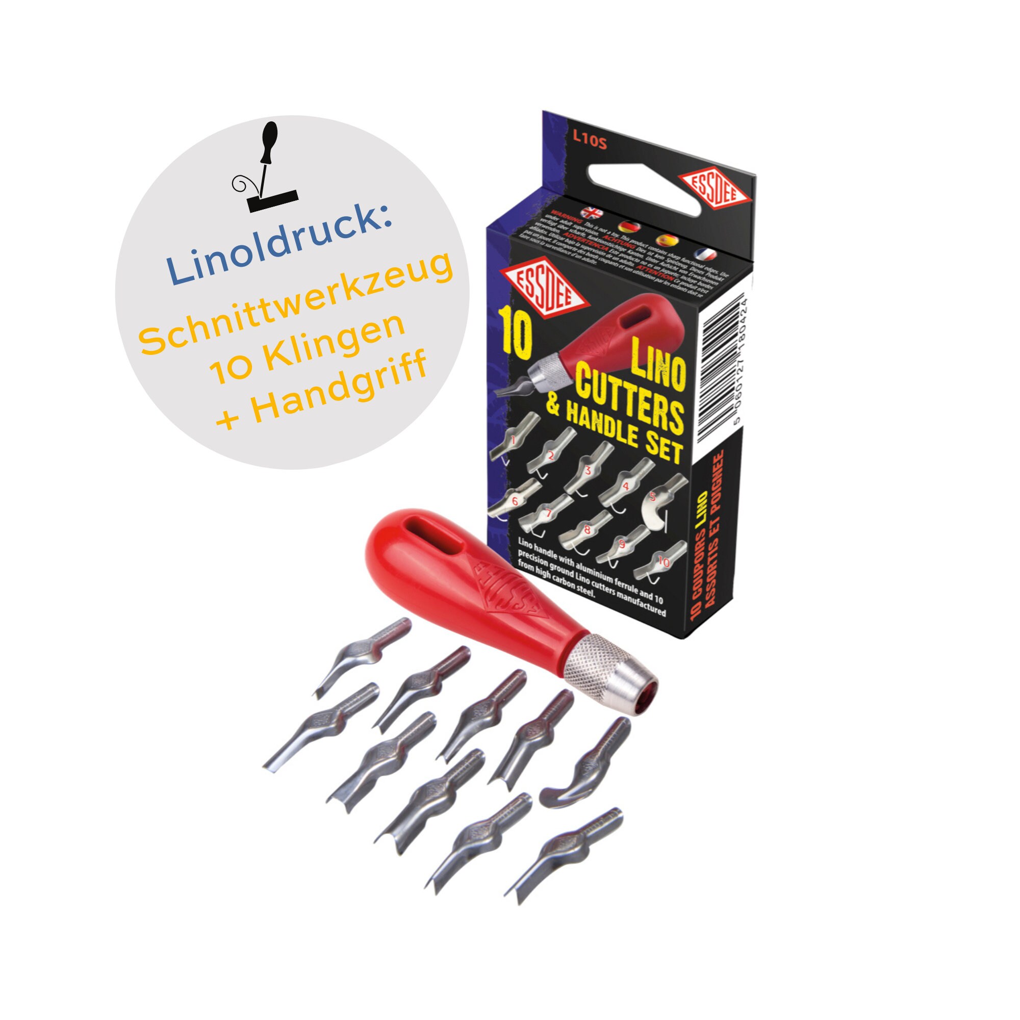 Linocut Tool Set, Handle & 5 Shape Blades, Brand ESSDEE UK Made, Includes  Artist Mark Make Exercise Sheet 
