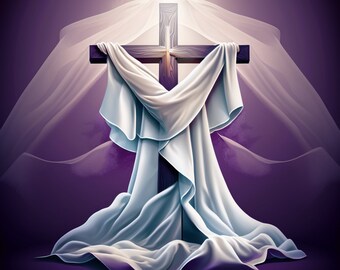 DIGITAL AI ART Cross White/Purple Drape Church/Home Decor
