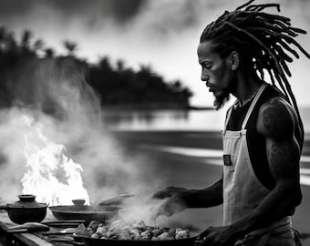 DIGITAL AI ART Caribbean Cooking Chef on an Island Black & White Printable