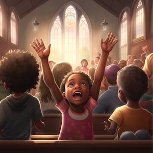DIGITAL AI ART Little Girl Praising God in Church Wall Art