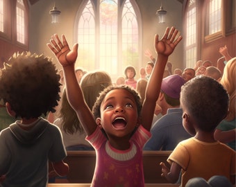 DIGITAL AI ART Little Girl Praising God in Church Wall Art