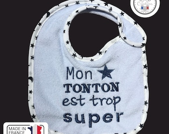 Bavoir bébé brodé, Mon tonton est trop super, Bleu