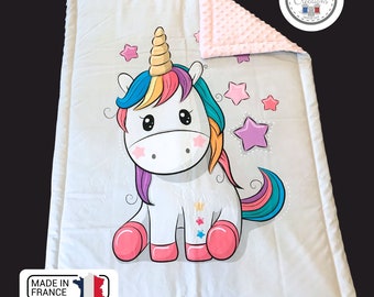 Couverture bébé doudou, coton / polaire minky, personnalisable, Licorne