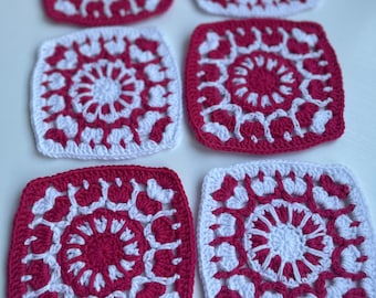 Handmade Red White Crochet Granny Square, Crochet Square Kit, Granny Square Kit, Colorful Squares, Handmade Squares, afghan crochet