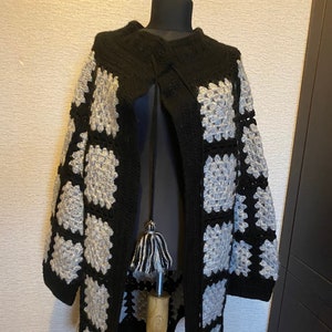 READY TO SHIP Handmade Wool Winter Coat, Granny Square Black Grey Coat, Afghan Crochet Cardigan, Handmade Crochet Coat,Winter Cardigan image 8