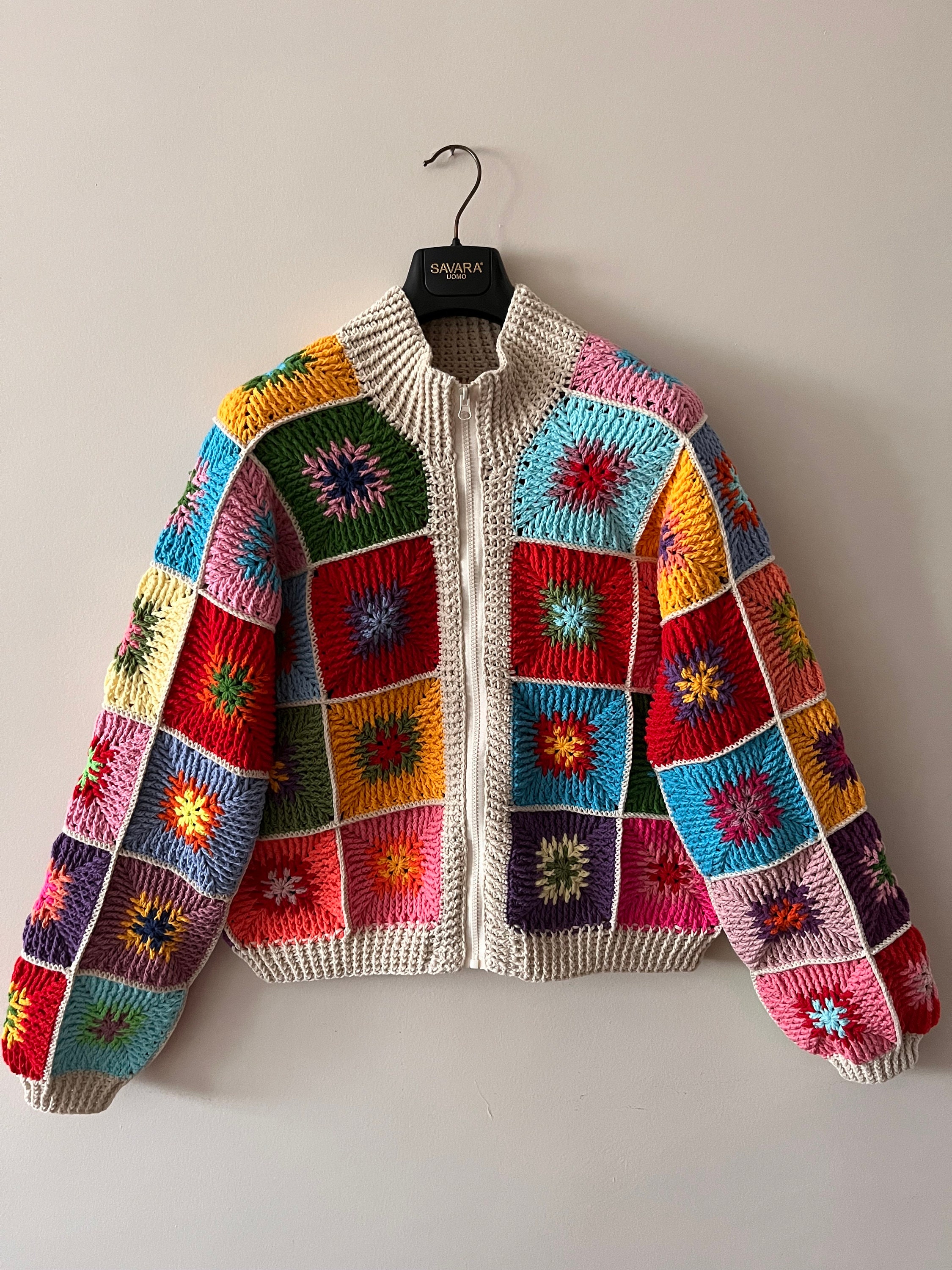 Colorful Crochet Granny Square Zip Cardigan – Handmade Boho Jacket