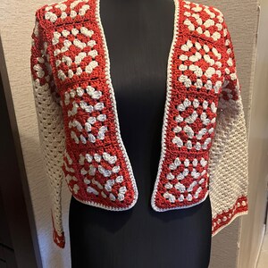 READY TO SHIP | Handmade Red Crochet Cardigan,Hand knit red beige winter cardigan, granny square,afghan crochet, gift for her