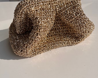 Handmade Gold Crochet Bag, Raffia Clutch Bag, Cloud Bag, Women’s Purse, gift for her, hand knit evening Bag for women, wedding bag
