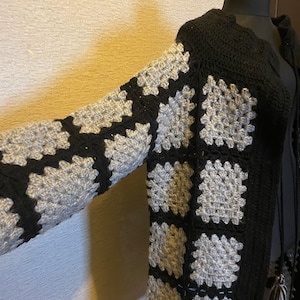 READY TO SHIP Handmade Wool Winter Coat, Granny Square Black Grey Coat, Afghan Crochet Cardigan, Handmade Crochet Coat,Winter Cardigan image 9