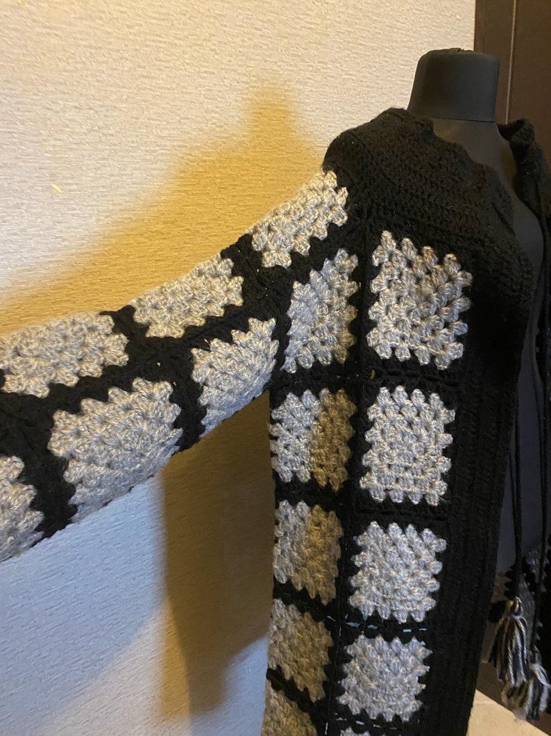 READY TO SHIP Handmade Wool Winter Coat, Granny Square Black Grey Coat, Afghan Crochet Cardigan, Handmade Crochet Coat,Winter Cardigan image 9