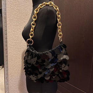 Handmade Black Crochet Bag, Black evening shoulder bags, Crochet Shoulder Bag, patchwork, afghan crochet, gift for her, black wedding bag