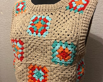 READY TO SHIP | Handmade Brown Crochet Vest, Granny Square Vest, Brown Crochet Sweater Vest, gift for her, afghan crochet, brown winter vest