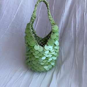Green Handmade Sequin Bag, Crochet Mini Large Purse, Sparkly Party Handbag Tote, Evening Bag