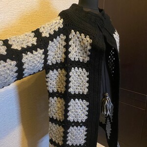 READY TO SHIP Handmade Wool Winter Coat, Granny Square Black Grey Coat, Afghan Crochet Cardigan, Handmade Crochet Coat,Winter Cardigan image 7