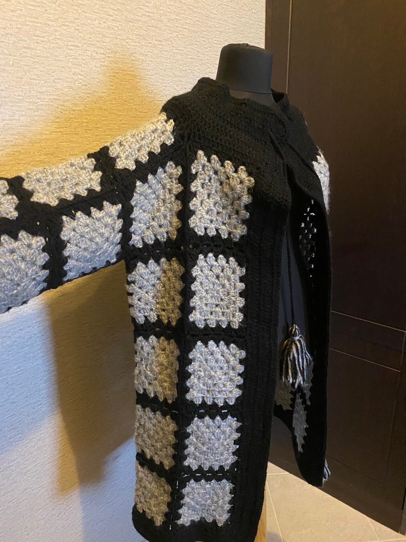 READY TO SHIP Handmade Wool Winter Coat, Granny Square Black Grey Coat, Afghan Crochet Cardigan, Handmade Crochet Coat,Winter Cardigan image 7