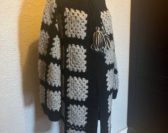 READY TO SHIP | Handmade Wool Winter Coat, Granny Square Black Grey Coat, Afghan Crochet Cardigan, Handmade Crochet Coat,Winter Cardigan