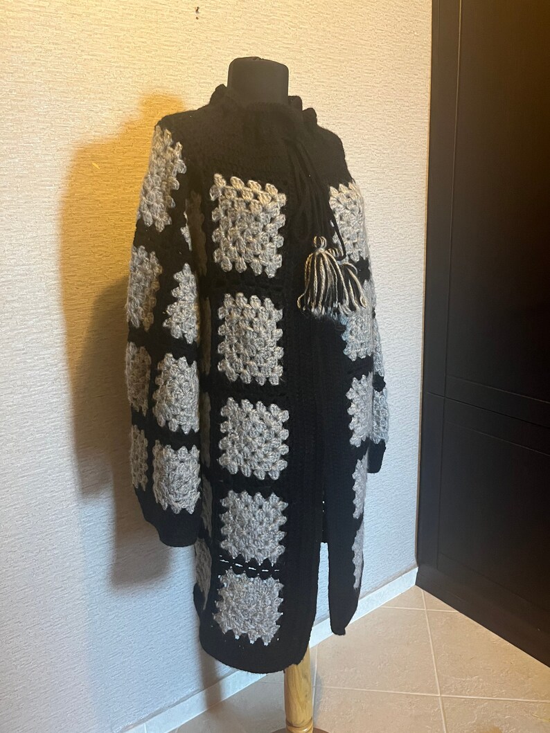 READY TO SHIP Handmade Wool Winter Coat, Granny Square Black Grey Coat, Afghan Crochet Cardigan, Handmade Crochet Coat,Winter Cardigan image 1