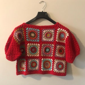 Handmade Red Crochet Sweater, Hand knit red sweater, granny square, afghan crochet, patchwork crop, handmade winter crop
