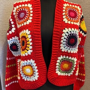 Handmade Red Crochet Crop, Handmade Red Crochet Cardigan,Red Handmade Winter Crop,Granny Square,Afghan Crochet, Gift for her