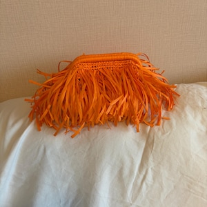 Puede incluir: Bolso de mano naranja brillante con diseño de flecos. El bolso de mano es rectangular con una parte superior tejida y flecos largos y finos que cuelgan de la parte inferior. La bolsa está hecha de un material tejido y es de un tono naranja vibrante.