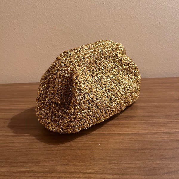 Handmade Gold Crochet Bag, Raffia Clutch Bag, Cloud Bag, Women’s Purse, gift for her, gold evening Bag for women, gold wedding bag