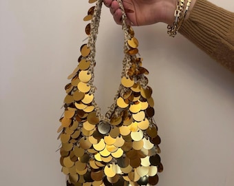 Bolsa de crochê dourada feita à mão, bolsa de mão com lantejoulas, bolsa nuvem, bolsa feminina, presente para ela, bolsa de noite dourada feminina, bolsa de inverno, lantejoulas