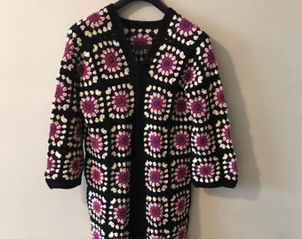 READY TO SHIP | Handmade Black Crochet, Black Winter Cardigan, Granny square Cardigan, Afghan Crochet, Black Patchwork Cardigan,gift