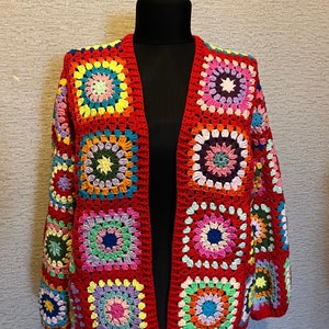 READY TO SHIP | Handmade Red Crochet Cardigan, Red Winter Cardigan, Red Crochet Colorful Cardigan, Granny Square Cardigan, Afghan Crochet