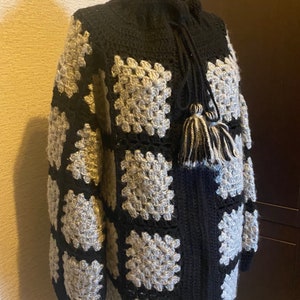 READY TO SHIP Handmade Wool Winter Coat, Granny Square Black Grey Coat, Afghan Crochet Cardigan, Handmade Crochet Coat,Winter Cardigan image 2