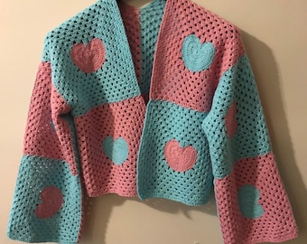 READY TO SHIP | Handmade Love Crochet Crop, Heart crochet cardigan, afghan crochet, patchwork cardigan, hand knit cardigan, granny square