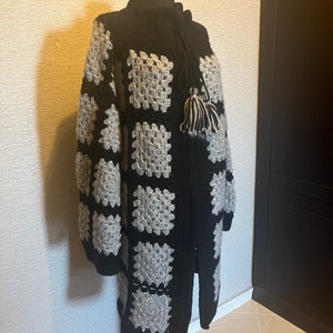 READY TO SHIP Handmade Wool Winter Coat, Granny Square Black Grey Coat, Afghan Crochet Cardigan, Handmade Crochet Coat,Winter Cardigan image 10