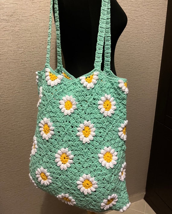 Handmade Blue Daisy Crochet Shoulder Bag, Granny Square  display picture 3
