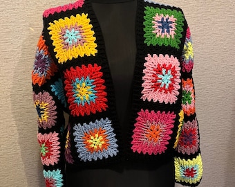 READY TO SHIP | Handmade Black Crochet Cardigan, Black Winter Cardigan, Rainbow Crochet Cardigan, Colorful Crochet Cardigan, Granny Square