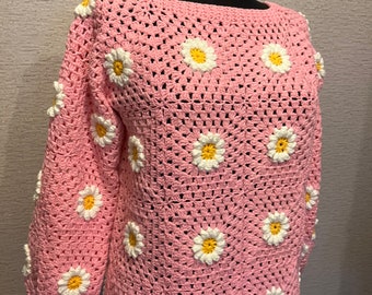 READY TO SHIP | Pink Handmade Daisy Crochet Sweater, Granny Square, daisy sweater, handmade pink crochet daisy cardigan, pink winter sweater