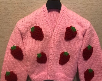 READY TO SHIP | Handmade Pink Hand Knit Crop, Pink Strawberry Crop, Hand knit crochet sweater, pink crochet crop,gift for her,hand knit crop