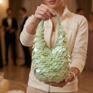 Green Handmade Sequin Bag, Crochet Mini Large Purse, Sparkly Party Handbag Tote, Evening Bag