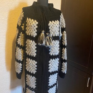 READY TO SHIP Handmade Wool Winter Coat, Granny Square Black Grey Coat, Afghan Crochet Cardigan, Handmade Crochet Coat,Winter Cardigan image 3