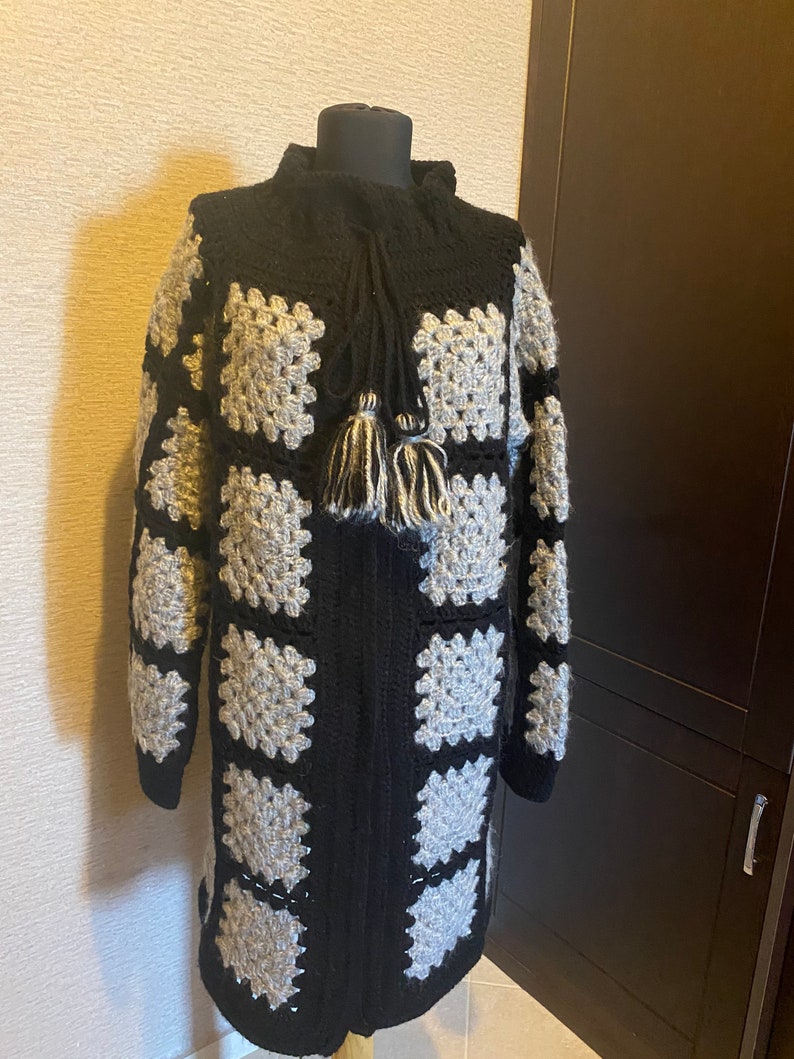 READY TO SHIP Handmade Wool Winter Coat, Granny Square Black Grey Coat, Afghan Crochet Cardigan, Handmade Crochet Coat,Winter Cardigan image 3