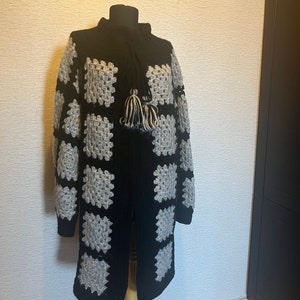 READY TO SHIP Handmade Wool Winter Coat, Granny Square Black Grey Coat, Afghan Crochet Cardigan, Handmade Crochet Coat,Winter Cardigan image 4