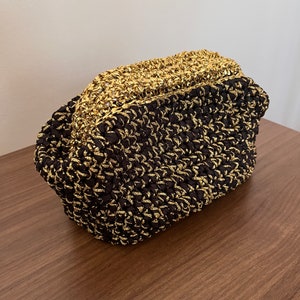Handmade Black Gold Crochet Bag, Raffia Clutch Bag, Cloud Bag, Women’s Purse, gift for her, hand knit evening Bag for women, wedding bag
